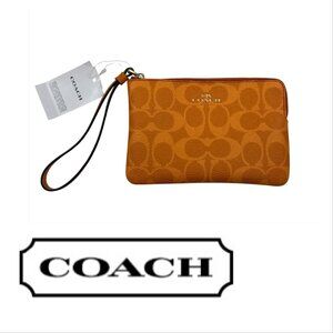 Coach Corner Zip Wristlet Bag In Signature Canvas Mandarin Orange - NWT